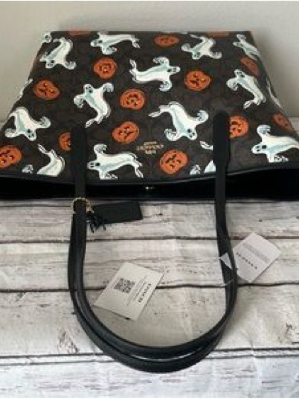 Coach Brown Ghost & Pumpkin Print Tote with Black Trim - Picture 3 of 4